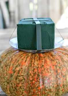 a green cake sitting on top of a pumpkin