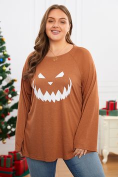 Ladies Halloween Print Long Sleeve Loose Sweatshirt Spooky Long Sleeve T-shirt For Fall, Spooky Long Sleeve T-shirt For Winter, Spooky Long Sleeve Halloween Tops, Halloween Graphic Print Long Sleeve T-shirt, Halloween Long Sleeve Graphic T-shirt, Casual Long Sleeve Halloween T-shirt, Oversized Orange Long Sleeve Top, Casual Orange Tops For Halloween, Spooky Orange Crew Neck Top