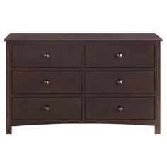 a brown dresser with six drawers and two doors on the top shelf, in front of a white background