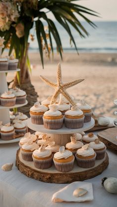 cupcakes and starfish on a table at a beach wedding in front of the ocean