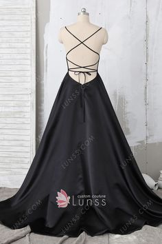 Black Tie Back Evening Dress For Gala, Black Tie-back Evening Dress For Gala, Black Tie Back Evening Dress For Party, Black Satin Evening Dress With Spaghetti Straps, Black A-line Gown For Prom, Black A-line Gown For Prom Season, Black Evening Gown With Spaghetti Straps, Black Spaghetti Strap Evening Gown, Black Prom Dress Long Simple