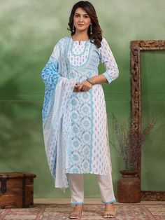 Women Floral Printed Regular Aari Work Pure Cotton Kurta with Palazzos & With Dupatta PRODUCT DETAILS  Blue printed Kurta with Palazzos with dupatta Kurta design: Floral printed Straight shape Regular style V-neck, three-quarter regular sleeves Na pockets aari work detail Calf length length with straight hem Pure cotton machine weave fabric Palazzos design: Solid Palazzos Partially elasticated waistband Slip-on closure Size & Fit The model (height 5'8) is wearing a size S Material & Care Kurta fabric: CottonBottom fabric: CottonDupatta fabric: CottonWash Care:Machine Wash Specifications Sleeve Length Three-Quarter Sleeves Top Shape Straight Top Type Kurta Bottom Type Palazzos Dupatta With Dupatta Top Pattern Printed Top Design Styling Regular Top Hemline Straight Top Length Calf Length Nec White Lawn Suit With Printed Motifs For Navratri, White Mulmul Anarkali Set With Printed Motifs, White Anarkali With Printed Motifs, Cotton Block Print Wedding Sets, Wedding Cotton Sets With Block Print, Wedding Cotton Block Print Sets, White Traditional Wear With Printed Motifs For Navratri, Traditional White Lawn Suit With Printed Motifs, White Bollywood Dupatta With Printed Motifs