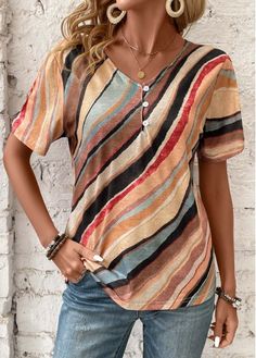 Color:Multi Color;Size:M;Size:L;Size:XL;Size:XXL;Package Contents:1 X T Shirt;Occasion:Other;Style:Casual; Striped V-neck Tops With Button Closure, Spring V-neck T-shirt With Button Closure, Casual V-neck T-shirt With Buttons, Striped V-neck Top With Buttons, Striped Crew Neck Top With Buttons, Casual Multicolor Top With Button Closure, Color T Shirt, Stylish Tops For Women, Trendy Tops For Women