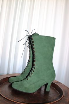 "Request a Custom Order and have something made just for you! This is an individual boot execution 100% hand made in green forest suede leather and lined also in suede leather. Order your custom boots for wider feet , strong calf and also for wider feet. The specified sizes are European. Mid calf height: height of the heel 2,6\" inch/ 7 cm the hell height available also in shorter size 2\"inch / 5 cm length of the boot from the bottom of the sole (at the heel) to the top 10\" inch / 25,5cm All m Vintage Green Boots With Round Toe, Green Boots With Reinforced Heel And Fitted Design, Vintage Green Leather Boots, Fitted Green Boots With Reinforced Heel, Green Fitted Boots With Reinforced Heel, Green Lace-up Boots With Leather Sole, Green Lace-up Boots With Reinforced Heel, Fitted Green Boots With Leather Sole, Green Suede Closed Toe Boots