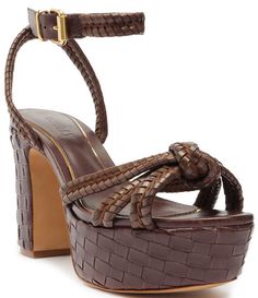 From Schutz, the Kathleen Platform Woven Leather Ankle Strap Platform Sandals feature:Woven synthetic upperKnotted straps detailAdjustable buckled ankle strap closureSynthetic liningSynthetic outsoleApprox. 2" covered platform heightApprox.  4" covered heel heightImported. Luxury Sandals With Ankle Strap, Luxury Sandals With Strap And Round Toe, Luxury Synthetic Sandals With Buckle Closure, Luxury Brown Ankle Strap Sandals, Luxury Round Toe Heels With Strap, Luxury Brown Heels With Buckle Closure, Luxury Synthetic Heels With Buckle Closure, Luxury Summer Heels With Strap, Luxury Heels With Strap And Round Toe