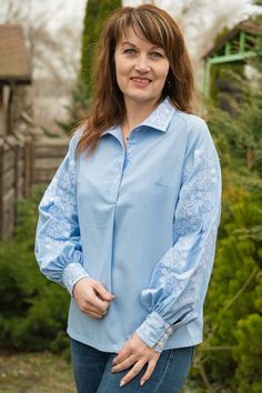 Blue women's blouse, embroidered shirt, Linen Vyshyvanka, all sizes, embroidery Cotton Blouse With Embroidered Bishop Sleeves, Embroidered Bishop Sleeve Cotton Top, Embroidered Cotton Bishop Sleeve Top, Folk Style Long Sleeve Top With Embroidered Cuffs, Folk Style Blouse With Tonal Embroidery For Spring, Traditional Long Sleeve Tops With Tonal Embroidery, Spring Daywear Blouse With Embroidered Cuffs, Spring Blouse With Embroidered Cuffs For Daywear, Embroidered Cuffs Blouse For Spring Daywear