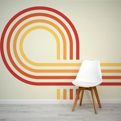 Retro Spiral Mural Reds Wallpaper in living room with small white plastic chair Retro Mural Ideas, Retro Wall Stripes, Retro Mural Wall Art, Retro Accent Wall, Retro Mural, Marble Wall Mural, Tropical Art Deco, Scandinavian Wallpaper, Abstract Wallpaper Design