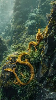 a yellow dragon sitting on top of a lush green hillside