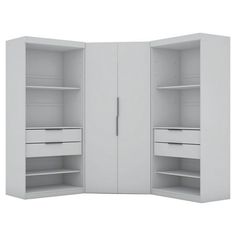 an open white cabinet with drawers and shelves