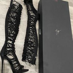 New Giuseppe Zanotti 2018 Collection *Zoey* Suede Cage Black Sandals Boots 40 Women 10 Thigh High Boots Heels Shopakira, Luxury Leather Knee-high Boots With Stacked Heel, Luxury Lace-up Heeled Boots For Evening, Fall Designer Party Heeled Boots, Designer Party Boots For Spring, Designer Heeled Boots For Fall Party, Luxury Evening Heeled Boots For Spring, Designer Black High-heeled Boots, Designer Black High Heeled Boots