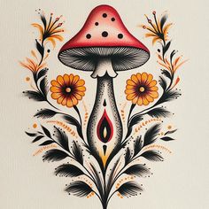 a drawing of a mushroom with flowers and leaves