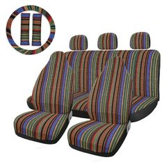 car seat covers with multicolored stripes on the front and back, set of two