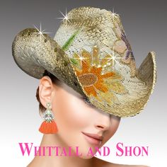 An ivory straw cowboy hat gleams with a subtle gold shadows and a sprinkling of tonal sequins that catch light with every movement. Adorning the crown of the hat are whimsical sunflower motifs, each one crafted with intricate detail. The sunflowers dance across the hat as if swaying gently in an imaginary breeze. Gold Brimmed Hat For Rodeo, Western Gold Brimmed Hat, Gold Short Brim Hats For Country Events, Summer Party Hats Embellished, Summer Party Embellished Hats, Elegant Gold Hat For Festival, Elegant Gold Festival Hat, Gold Hat With Curved Brim For Western-themed Events, Bohemian Gold Hat For Kentucky Derby