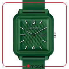 in stock Green Watches With Rectangular Dial And Analog Display, Casual Green Watch With 10atm Water Resistance, Casual Green Analog Watch, Lacoste Watch, Green Watch, Studio Green, Hand Watch, Three Hands, Lacoste Men