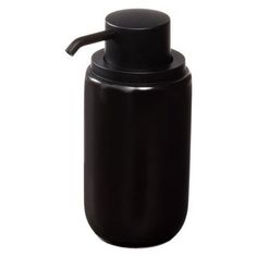 a black plastic bottle with a handle on the top and an empty lid is shown