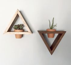 two wooden shelves with plants on them against a white wall, one holding succulents