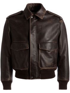 Brown Leather Jacket With Patch Pockets, Masculine Brown Outerwear With Pockets, Rugged Brown Leather Jacket With Flap Pockets, Distressed Brown Leather Biker Jacket With Pockets, Leather Outerwear With Long Sleeves And Ribbed Cuffs, Business Brown Leather Jacket With Flap Pockets, Masculine Leather Jacket With Pockets For Work, Brown Leather Jacket With Lapel Collar And Welt Pockets, Brown Leather Jacket With Flap Pockets For Business