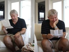 two pictures of an older man sitting on a couch with papers in his lap and looking at the camera