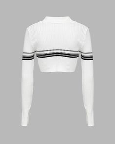 Details: Long-sleeve crop top with stripes designTopLength: CroppedSleeveLength: Long SleevesMaterials:70% Acrylic + 30% Nylon Striped Ribbed Cropped Tops, White Cropped Crop Top For Fall, Striped Long Sleeve Crop Top For Fall, Winter Striped Cropped Tops, Striped Ribbed Stretch Crop Top, Fitted Striped Ribbed Crop Top, White Stretch Cropped Sweater, Trendy White Ribbed Cropped Sweater, White Casual Cropped Sweater