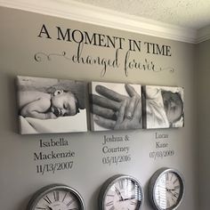 three clocks are hanging on the wall in front of two baby's names and their birth dates