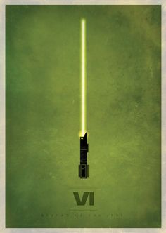 a star wars poster with a green light saber on it's side and the words,