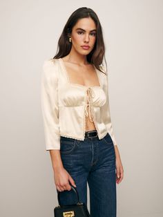 I'm just gonna wear jeans and a top. The Lucinda is a top with 3/4 sleeves and a tie front. Tops Square Neck, Silk Tops, Cardigan Crop Top, Cardigan Crop, Club Tops, Elegant Shirt, Solid Clothes, Neck Lace, Knit Tees