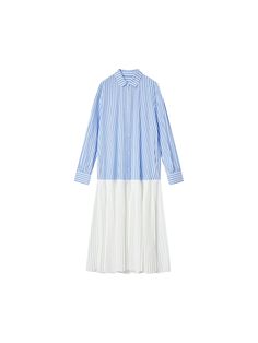 Details: Long sleeve pleated shirtdress in blue and white stripes Spread collar Multi-button front closure Pleated chiffon skirt in white Loose fit Materials & Care: Material 1: 100% Cotton Material 2: 100% Polyester Hand wash | Dry clean Do not bleach Size & Fit: Model is 5'7", Bust 32, Waist 24, Hips 35, wearing a size S Item #: UL2DR67 Spring Long Sleeve Pleated Dress With Accordion Pleats, Long Sleeve Shirt Dress With Striped Collar For Summer, Spring Pleated Dress With Accordion Pleats And Long Sleeves, Elegant Daywear Dress With Striped Collar, Elegant Dresses With Striped Collar For Daywear, Spring Shirt Dress With Striped Collar For Work, Spring Workwear Shirt Dress With Striped Collar, Spring White Pleated Workwear Dress, Long Sleeve Pleated Hem Dress For Summer