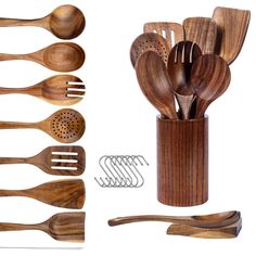 wooden utensils and spoons are arranged in a vase