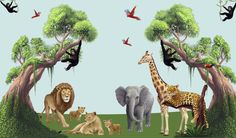 an image of animals that are in the wild with trees and birds around them on a blue background