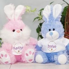 two blue and pink stuffed animals sitting next to each other with name tags on them