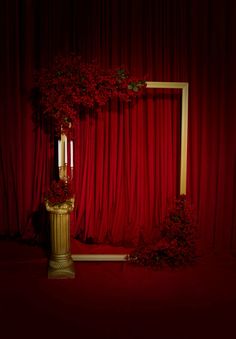 Red velvet drapes red roses gold frame Draping Techniques Decor, Red Events, Red Carpet Backdrop, Red Velvet Curtains, Valentines Photoshoot, Red Gold Wedding, Gala Decorations, Red Wedding Theme, Red Drapes