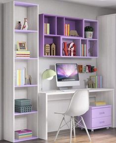 a desk with a computer on top of it in front of a bookshelf