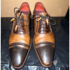 Two Toned Brown Genuine Handmade Spanish Leather With Wood Bottom Shoes With Taps On The Bottom And Leather Laces To Tie Up Brown Lace-up Shoes With Contrast Sole For Derby, Brown Lace-up Shoes With Textured Sole For Derby, Brown Goodyear Welted Lace-up Derby Shoes, Semi-formal Brown Wingtip Derby Shoes, Brown Leather-lined Oxfords For Derby, Leather And Lace, Lace Up Shoes, Derby, Two Tone