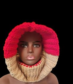 Material: 100% Acrylic Yarn  Size: OS  Color: Red/Khaki Red Winter Hoodie For Cold Weather, Red Hoodie For Winter Cold Weather, Red Hoodie For Cold Winter Weather, Trendy Red Hoodie For Winter, Crochet Turtleneck, Turtleneck Hoodie, Yarn Sizes, Acrylic Yarn, Favorite Outfit