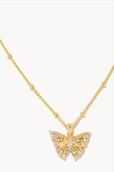 Bring some timeless charm to your necklace stack with the Delicate Butterfly 18k Gold Vermeil Pendant Necklace in White Sapphire. Featuring a stunning butterfly charm and intricate metalwork, wear this classic symbol of rebirth and transformation for a meaningful statement. Gold Fine Jewelry With Butterfly Charm, Delicate Gold Necklace With Butterfly Charm, Delicate Gold Plated Jewelry With Butterfly Charm, Gold Pendant Jewelry With Butterfly Charm, Gold Pendant Necklace With Butterfly Charm, Elegant Butterfly Charms Jewelry, Butterfly Necklace Kendra Scott, Gold Butterfly Charm Necklace With Delicate Chain, Elegant Gold Charm Necklace With Butterfly