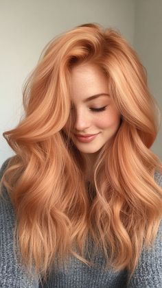 Apricot Red Hair Color, Peach Hair With Blonde Money Piece, Peachy Ginger Hair, Peach Pumpkin Hair, Ginger Peach Hair, Blonde And Copper Hair, Cherry Blonde, Copper Bob