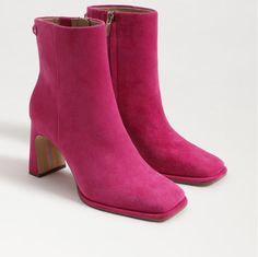 How fun is our Sam Edelman Irie Square Toe Ankle Bootie in Bright Dahlia Suede?! We are so obsessed with these and you will be too. They're so cute and will look adorable paired with your fall outfits! Heel height 3.1 inches Boot shaft 4.9 inches Calf circumference 9.8 inches Timeless Boots, How To Wear Ankle Boots, Steven Tyler, Pink Boots, Bright Spring, Spring Color, Zipper Boots, Fresh Look, Ankle Bootie