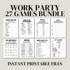 the printable work party games bundle is shown