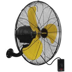 a yellow and black fan on a white background