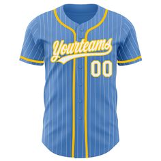 Custom Powder Blue White Pinstripe Yellow Authentic Baseball Jersey Blue Baseball Jersey For Baseball Season, Blue Baseball Jersey With Baseball Collar For Team Events, Blue Baseball Jersey With Collar For Team Events, Collegiate Blue Baseball Jersey For Sports Events, Blue Baseball Jersey For Sports Events During Baseball Season, Blue Jersey With Baseball Collar, Blue Team Spirit Baseball Jersey For Baseball Season, Striped Team Spirit Baseball Jersey For College, Customizable Blue Jersey For Baseball Season