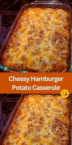 cheesy hamburger potato casserole is shown in two separate pans