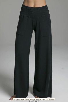 Whether you're on your way to the studio or on your way to brunch, the KiraGrace Cozy Boho Pant will keep you stylish and comfortable anywhere you go. Made of a buttery soft fabric made of French Terry & Organic Cotton, this pant offers comfort and understated style. A wide high-rise waistband (worn low on the hip), with two front pockets, and a relaxed fit give this pant the perfect blend of comfort and style. Get the Deets: #BohoPants #FlarePants #WomensClothing Comfortable Wide Leg Everyday Pants, Wide-leg Yoga Pants With Pockets For Loungewear, Comfy Black Bottoms With Comfort Waistband, Comfortable Black Casual Pants, Comfortable Lounge Pants With Side Pockets, Comfortable Lounging Pants With Side Pockets, Comfy Full-length Pants With Pockets, Comfy Stretch Bottoms With Side Pockets, Comfy Wide Leg Sweatpants For Relaxation