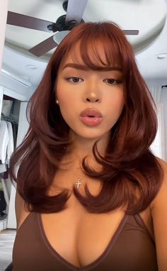 Hair Color Ideas For Thick Wavy Hair, Fridge Bangs Hair, Couple Matching Dyed Hair, Les Tattoo Ideas, Nails With Red Hair, Cherry Coke Hair Color On Black Hair, Blonde Highlights On Dark Hair Curtain Bangs, Colors That Go With Red Hair Outfits, Layers On Red Hair