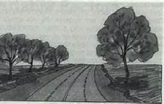 a drawing of trees on the side of a road with a sky in the background