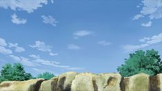 an anime scene with rocks and trees in the background