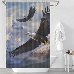 two bald eagles flying in the sky shower curtain set