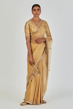 Gold yellow organza and silk saree with zardosi and floral motifs embroidery. - Aza Fashions Gold Embroidered Semi-stitched Saree, Gold Embroidered Chinon Saree Fabric, Gold Embroidered Organza Saree, Gold Unstitched Embroidered Saree Fabric, Unstitched Gold Saree With Embroidered Border, Motifs Embroidery, Gold Organza, Saree Women, Saree For Women