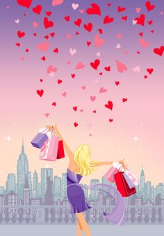 a woman holding shopping bags in the air with hearts flying over her head and buildings in the background