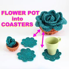 crochet flower pot and coasters with instructions for making them in the shape of flowers