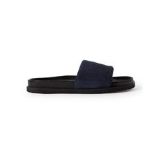 DESIGNED BY MR PORTER. Mr P. is committed to sourcing the best materials to ensure its designs stand the test of time. A refined take on pool slides, these sandals are crafted from suede that's padded for a more substantial look and have comfortable moulded footbeds and Vibram rubber soles. Suede Slip-on Slides With Textured Footbed, Luxury Suede Slip-on Monk Strap Shoes, Casual Blue Suede Slip-ons, Navy Synthetic Slip-on Slides, Luxury Men's Sandals With Cork-bed Midsoles, Sandals For Men, Mr P, Suede Sandals, The Test